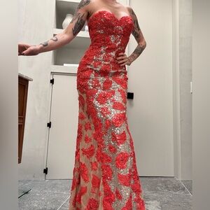 Sherri Hill Strapless Red and Silver Dress